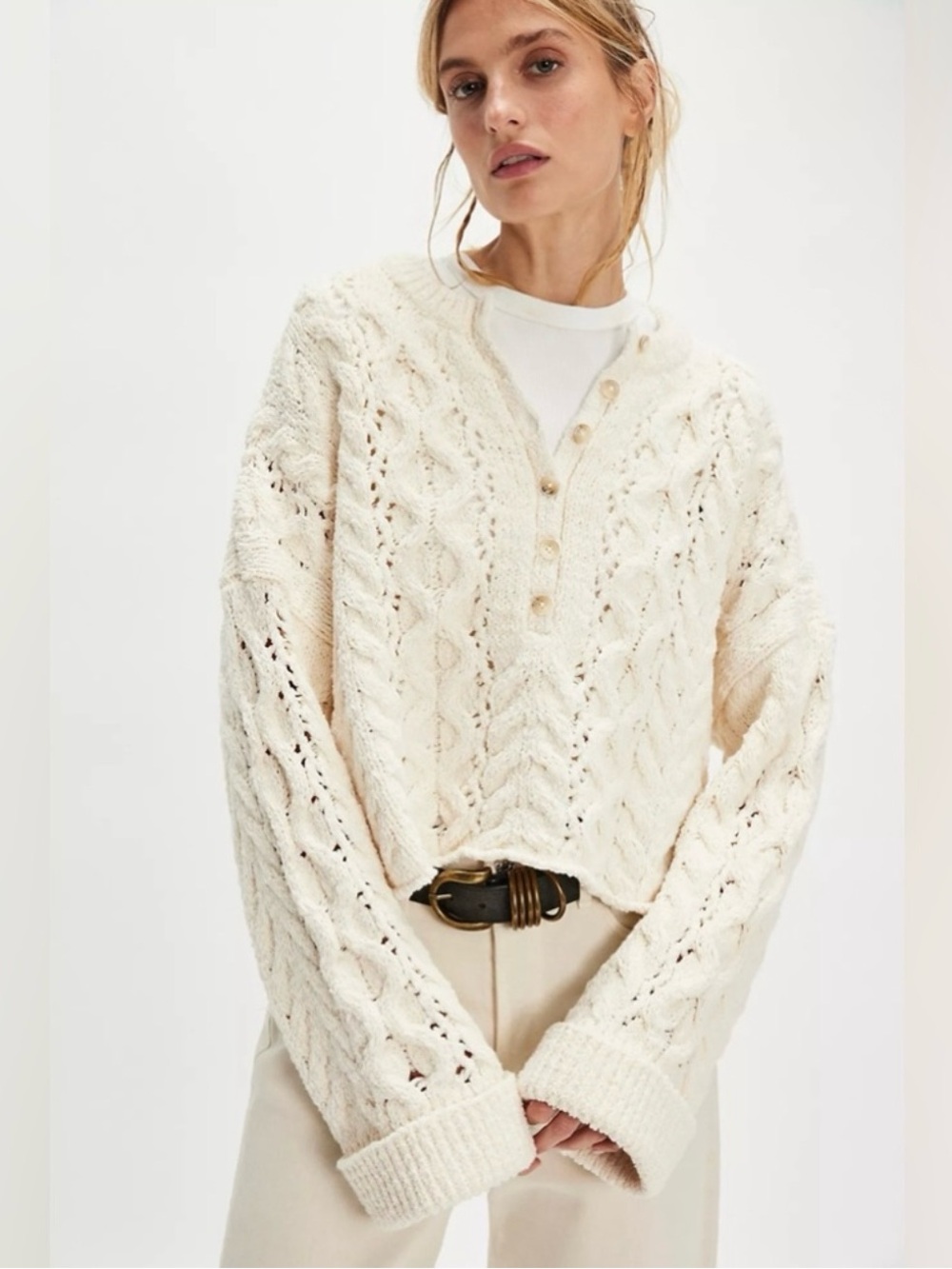 Free People Cream Cable Knit Button Henley Sweater